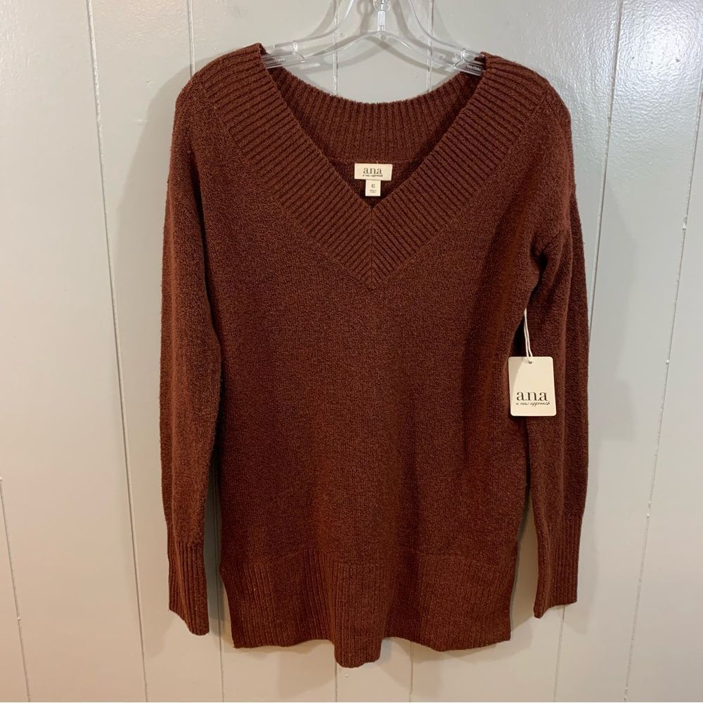 a.n.a Cherry Mahagony Brown Soft Knit V Neck Long Sleeve Sweater XS NEW
